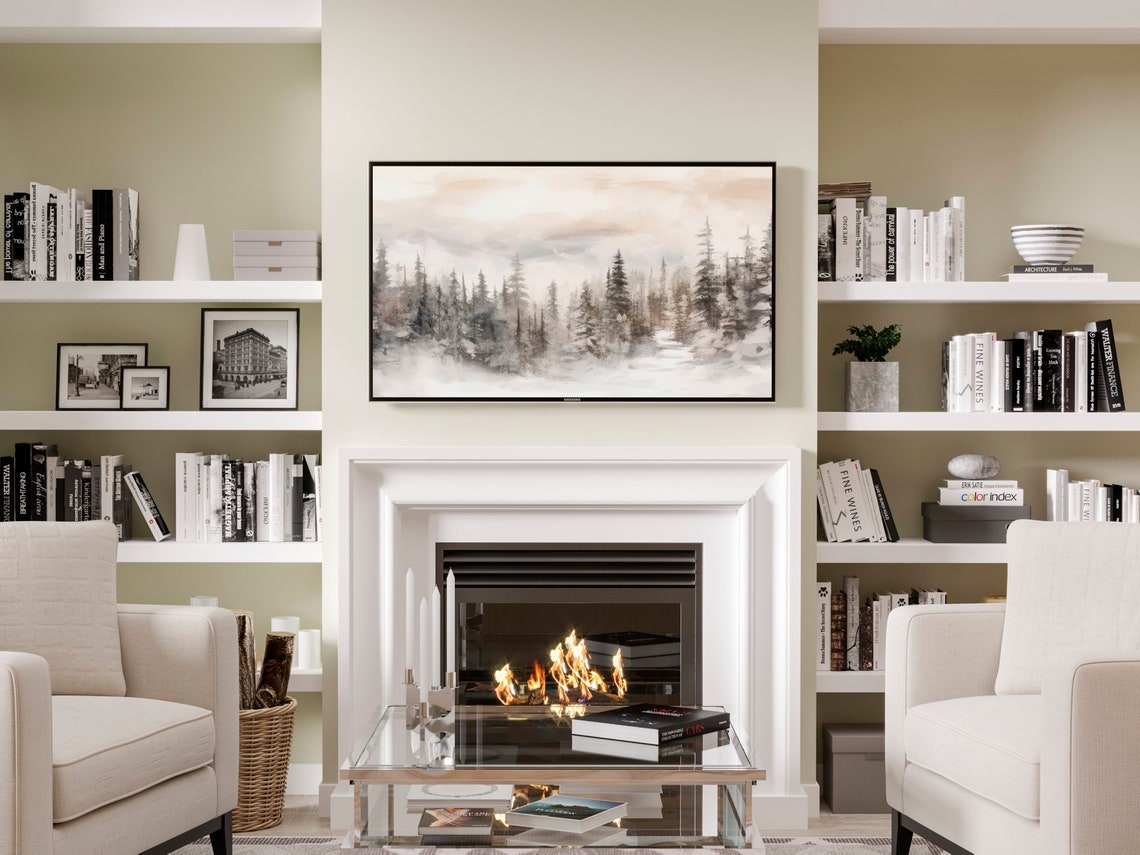 Soft Watercolor Snowy Pine Forest Misty Neutral Frame TV Art Print - Image 2