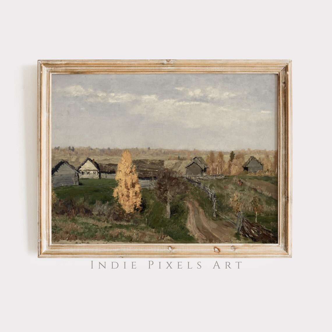 Vintage Autumn Village Countryside Cottages Golden Tree Painting Print