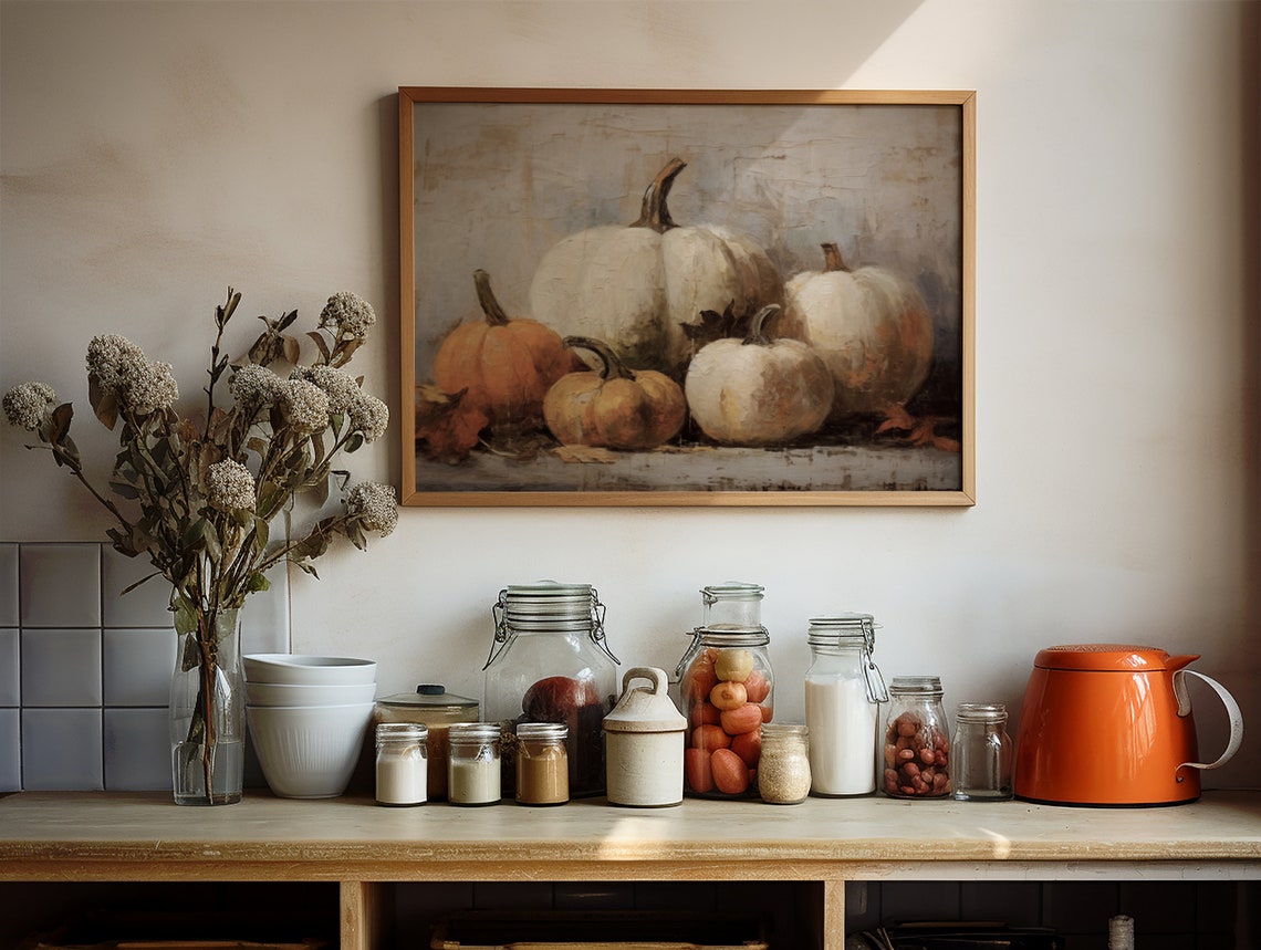 White Orange Pumpkin Group Rustic Fall Harvest Still Life Poster - Image 3