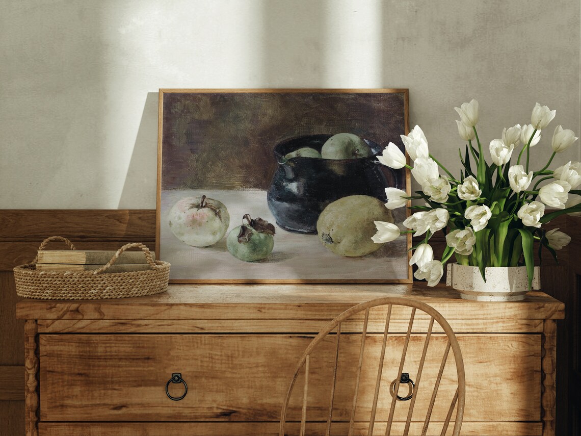 Vintage Fruit Still Life Apples Lemon Dark Jug Farmhouse Wall Poster - Image 3