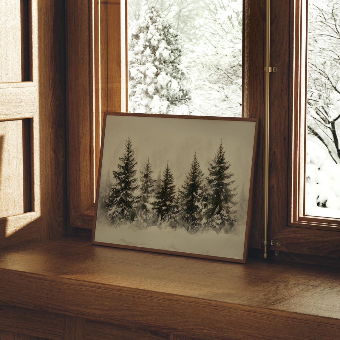 Moody Snowy Pine Trees Misty Winter Watercolor Monochrome Art Print - Image 4