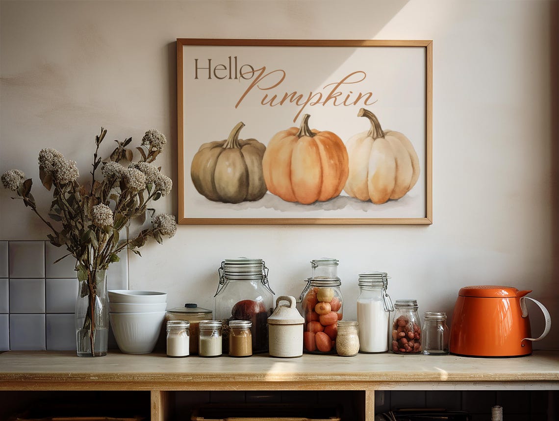 Hello Pumpkin Watercolor Pumpkins Sign Rustic Fall Harvest Art Print - Image 4