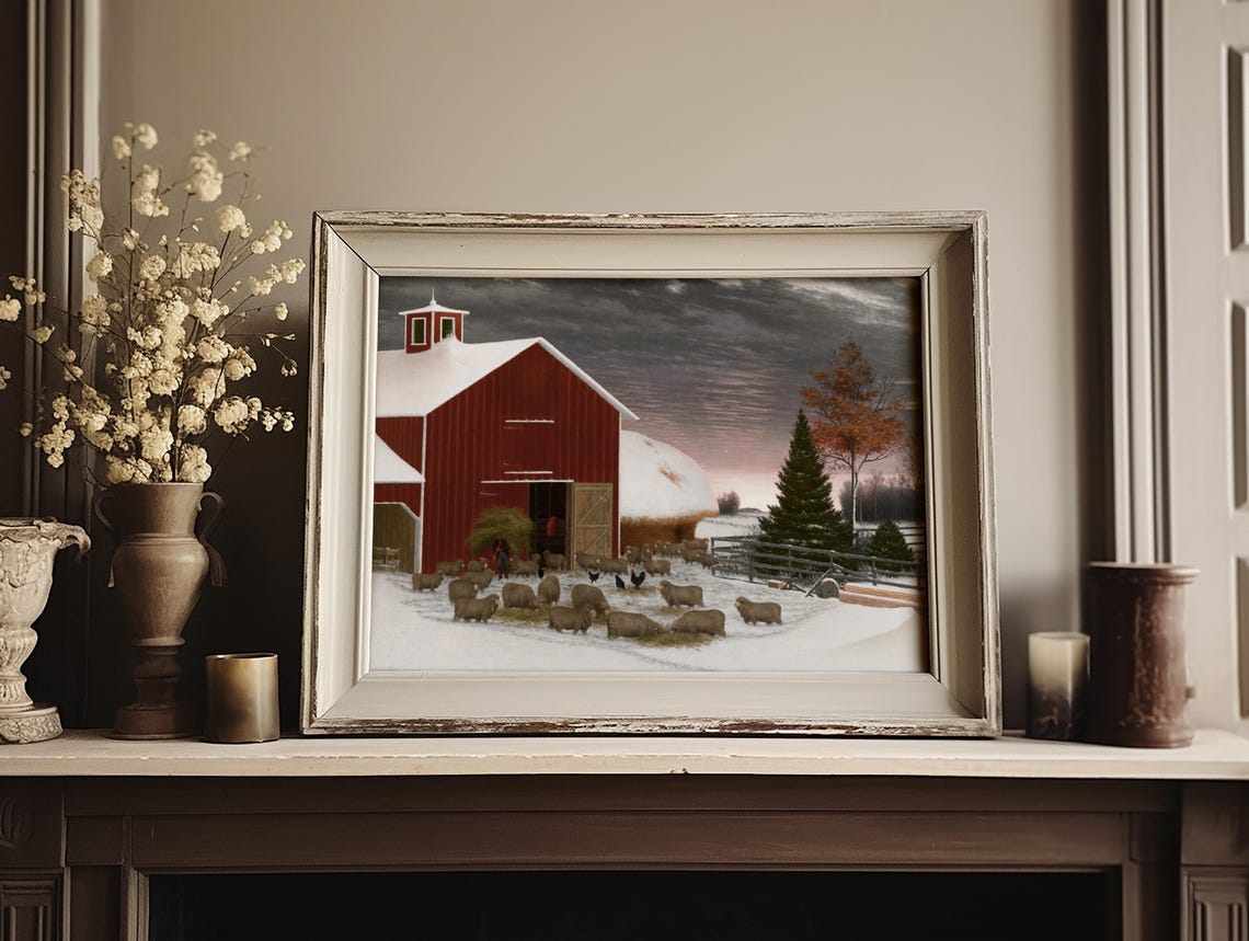 Vintage Red Barn Snowy Winter Sheep Flock Farm Folk Art Painting Print - Image 3
