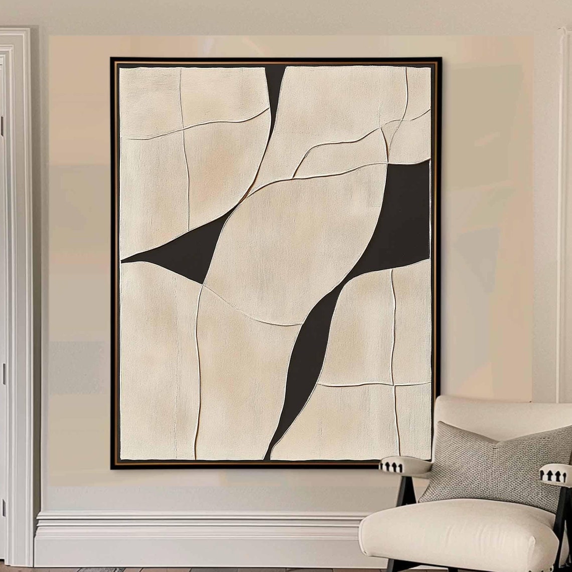 Cream Black Textured Abstract Art with Crackle Lines Minimalist Poster - Image 3