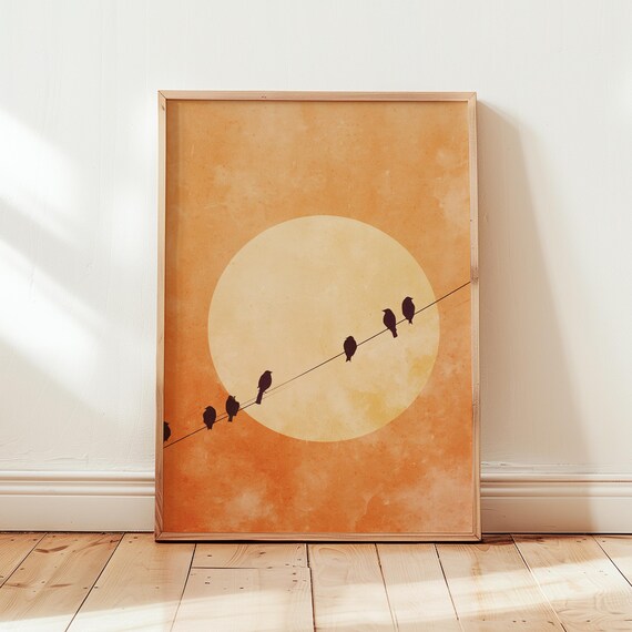 Minimalist Birds On Wire Printable Wall Art Warm Neutral Ochre Abstract Cozy Midcentury Or Boho Decor