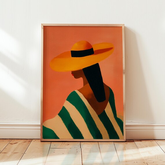 Woman In Wide Sun Hat Striped Dress Modern Boho Portrait Poster
