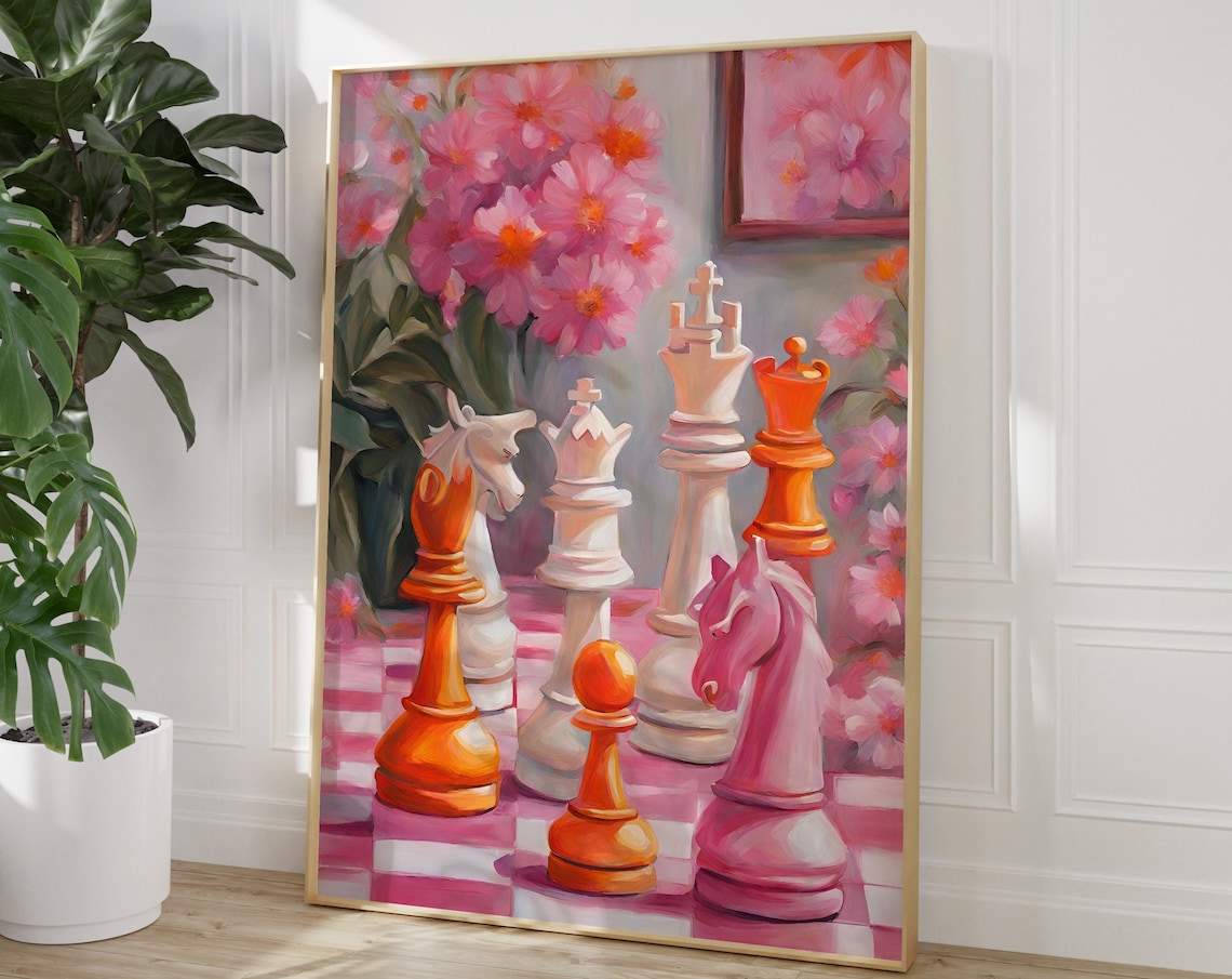 Pink Chess Art Print, Trendy Bedroom Decor