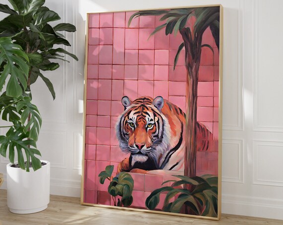 Tiger Resting By Pink Tiled Wall Maximalist Painterly Animal Poster