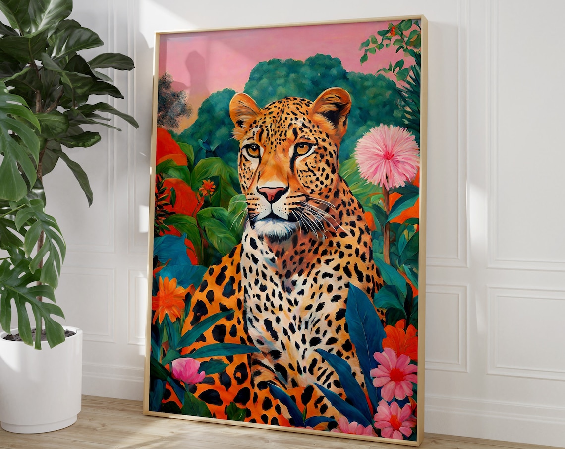 Majestic Leopard In Tropical Jungle Vibrant Botanical Art Poster