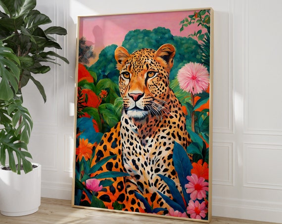 Majestic Leopard In Tropical Jungle Vibrant Botanical Art Poster