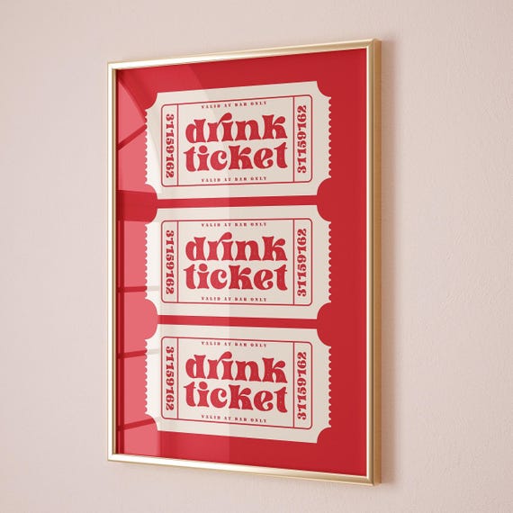 Drink Ticket Print Retro Wall Art Trendy Poster Bar Cart Decor Red Vintage Funky Home Kitchen