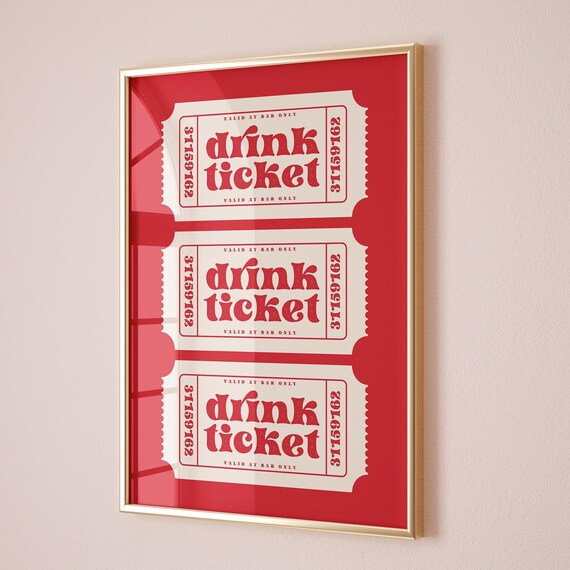 Drink Ticket Valid At Bar Only Red Retro Ticket Stub Art Poster