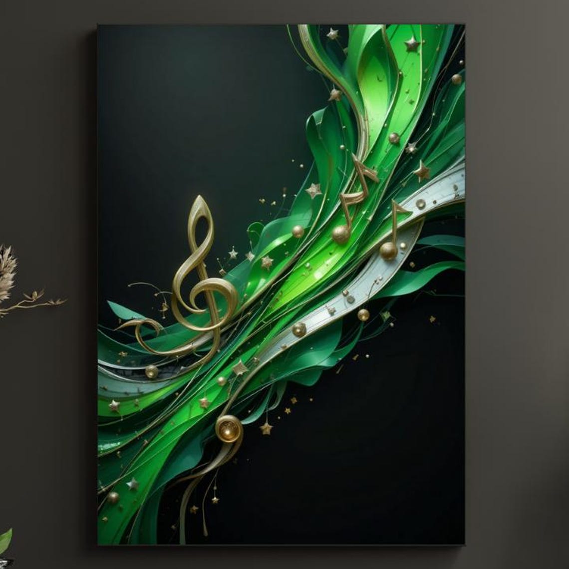 Emerald Green Black Gold Treble Clef Wave Abstract Music Art Poster