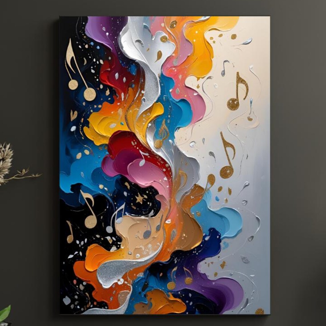 Colourful Impasto Swirl Abstract with Gold Musical Notes Poster