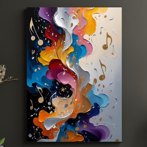 Colourful Impasto Swirl Abstract with Gold Musical Notes Poster