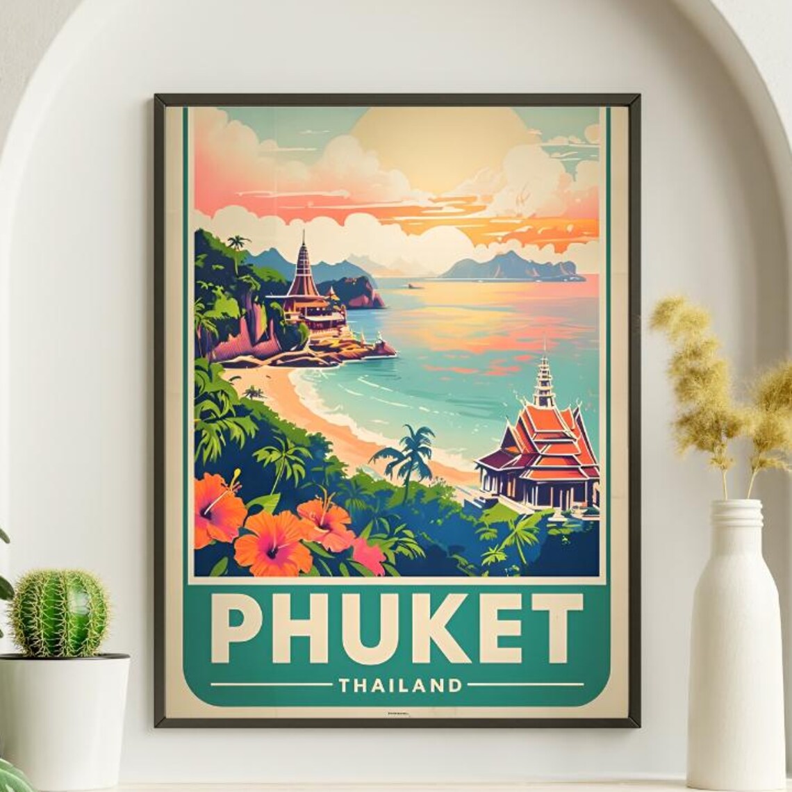 Phuket Thailand Temple Coast Sunset Hibiscus Scenic Travel Poster