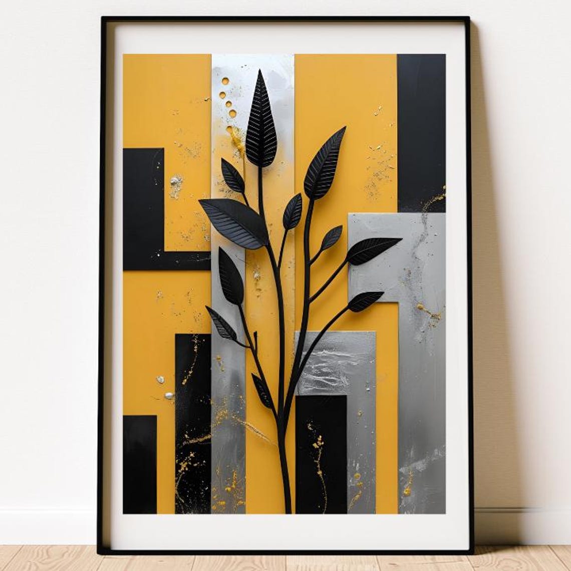 Mustard Yellow Black Leaf Geometric Panel Botanical Art Poster