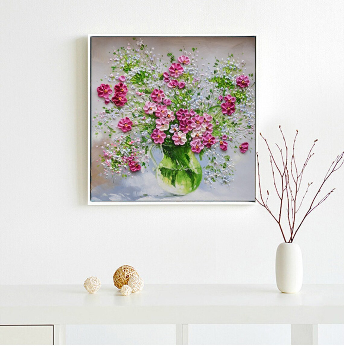 Pink Wildflowers Green Vase Impasto Floral Oil Painting Wall Art - Image 4