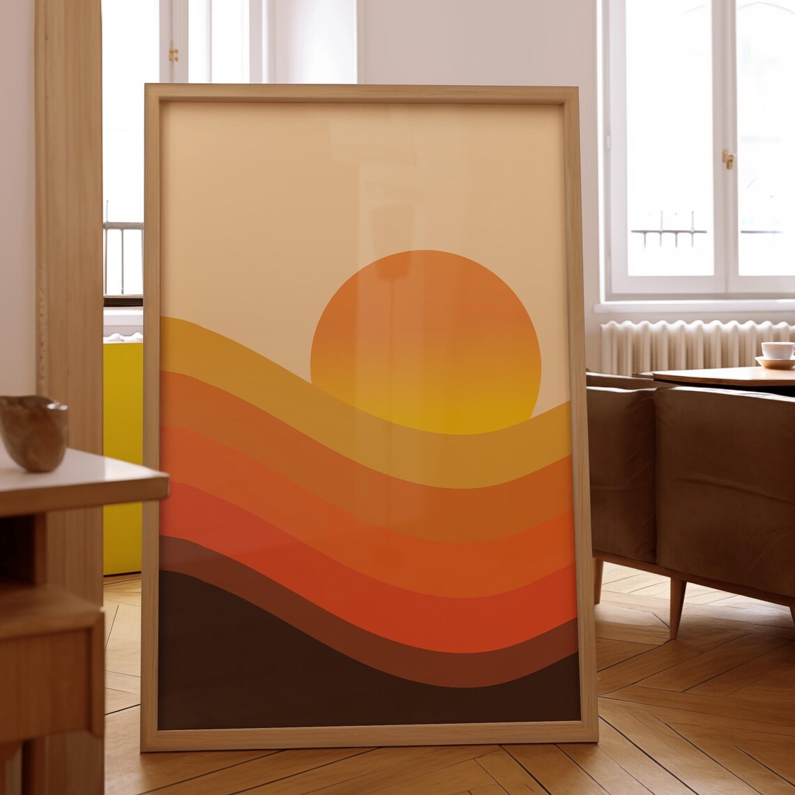 Retro 70s Sunset Over Wavy Hills Abstract Wall Poster in Warm Orange