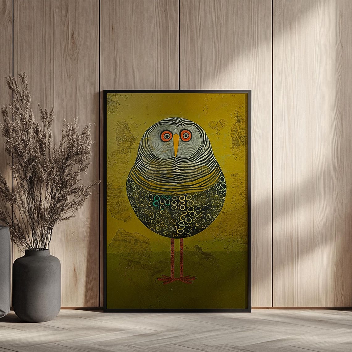 Stylized Round Owl with Red Eyes Mid-Century Modern Bird Art Poster