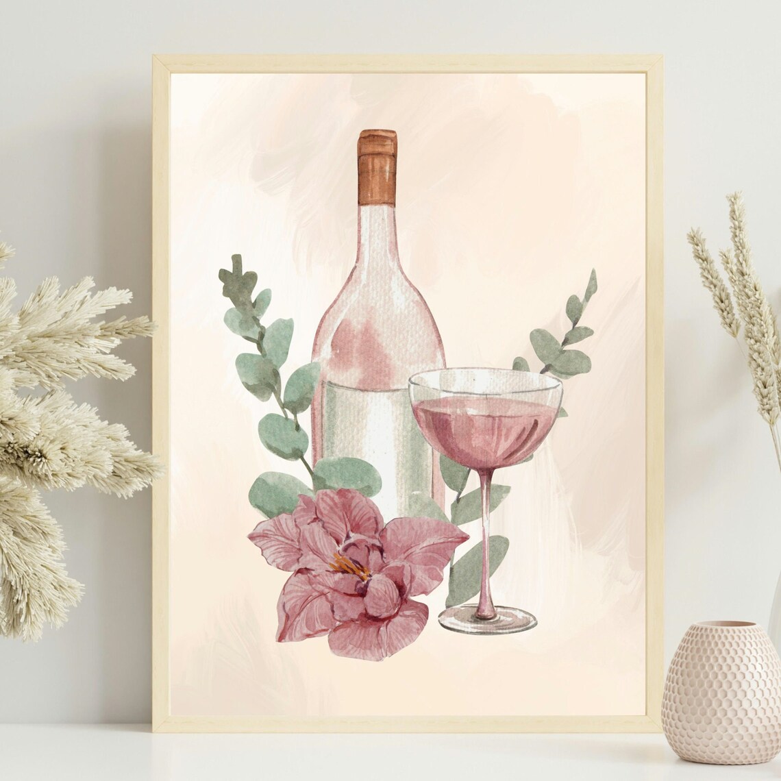 Elegant Pink Wine Bottle Coupe Glass Watercolor Floral Poster - Image 2