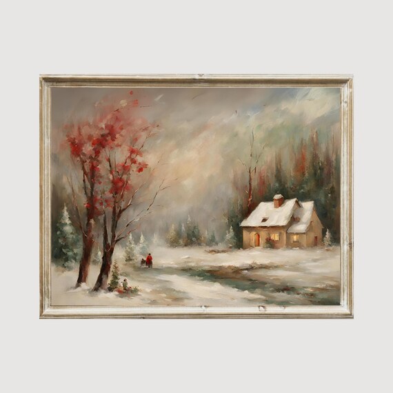 Snowy Cabin Winter Landscape Red Tree Vintage Oil Painting Poster