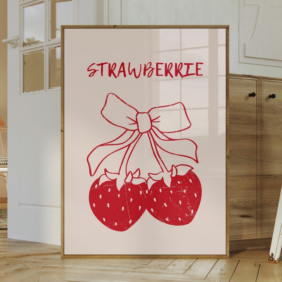 Cute Strawberrie Red Strawberry Pair Bow Coquette Kitchen Poster