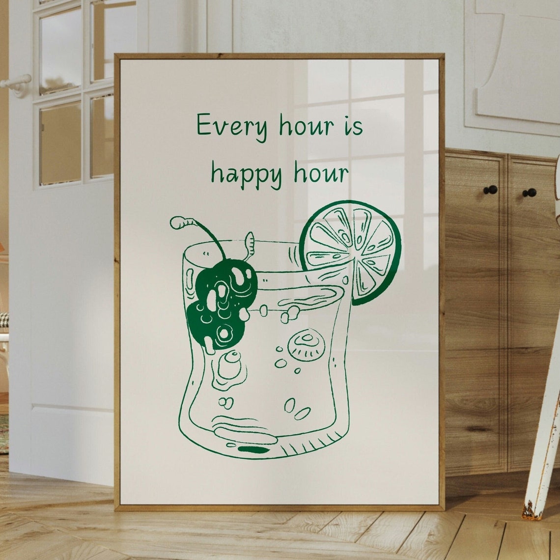 Funny Every Hour Is Happy Hour Green Cocktail Sketch Wall Poster - Image 3