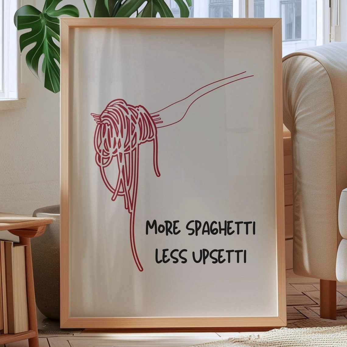 More Spaghetti Less Upsetti Funny Pasta Quote Line Art Print - Image 2
