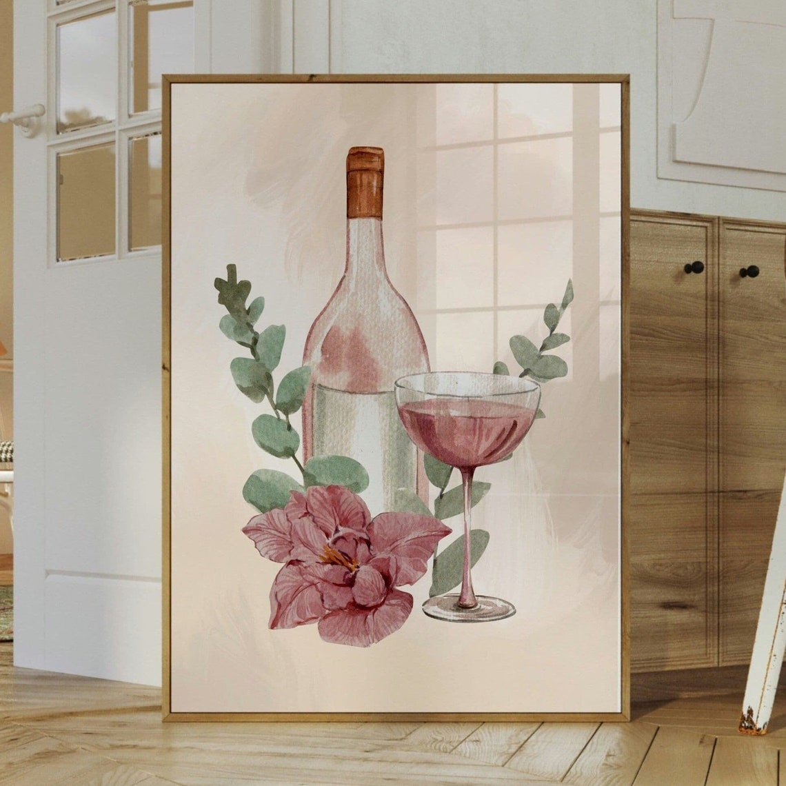 Elegant Pink Wine Bottle Coupe Glass Watercolor Floral Poster - Image 3