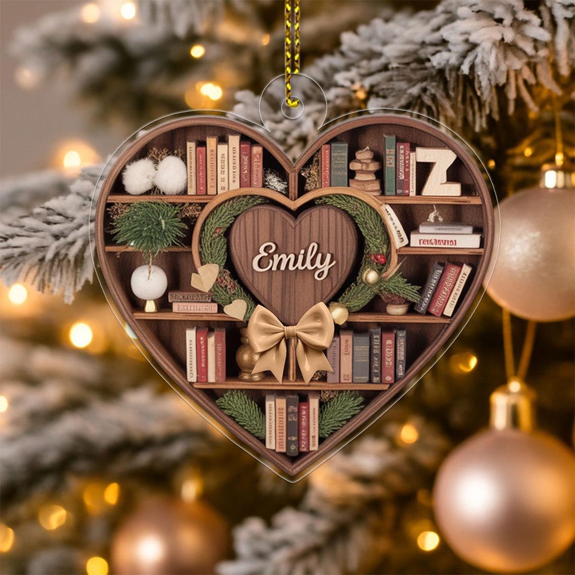 Personalized Heart Bookcase Christmas Ornament Book Lover Name Print