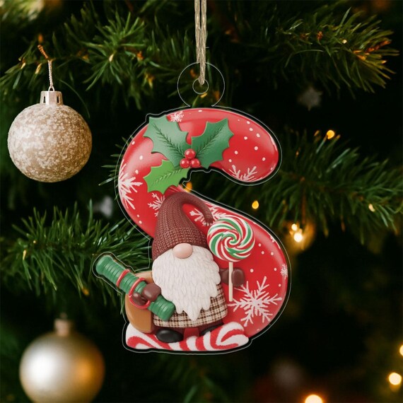 Letter S Gnome Christmas Initial Ornament Lollipop Candy Holiday Print