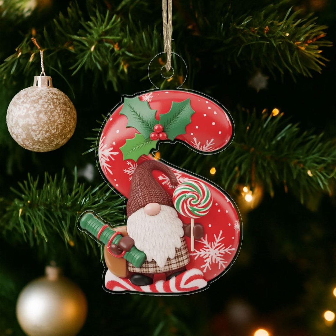Letter S Gnome Christmas Initial Ornament Lollipop Candy Holiday Print