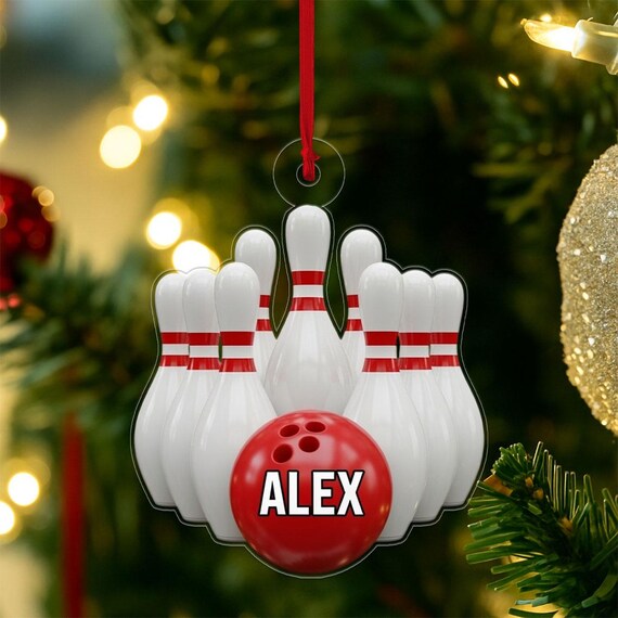 Personalized Bowling Christmas Acrylic Ornament Red Ball Pins Name Print