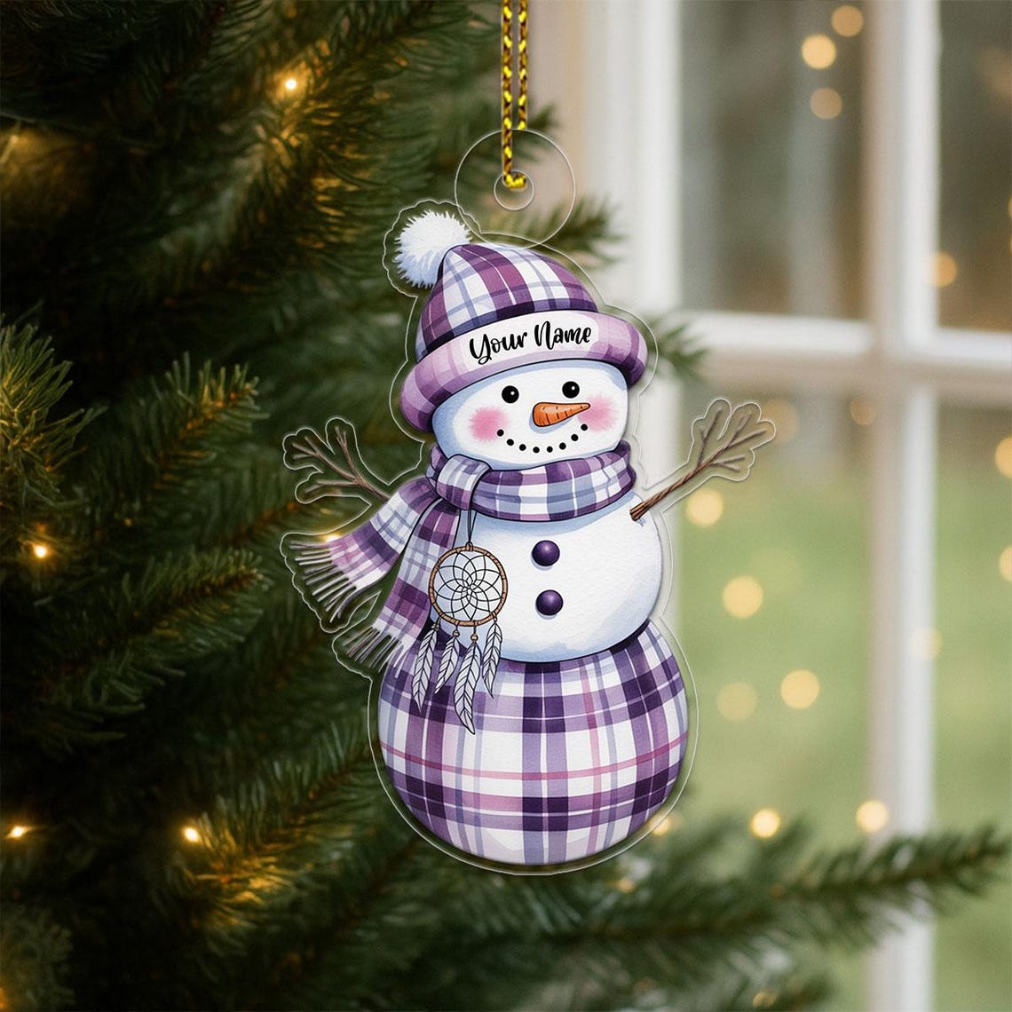 Personalized Snowman Christmas Ornament Purple Plaid Winter Poster