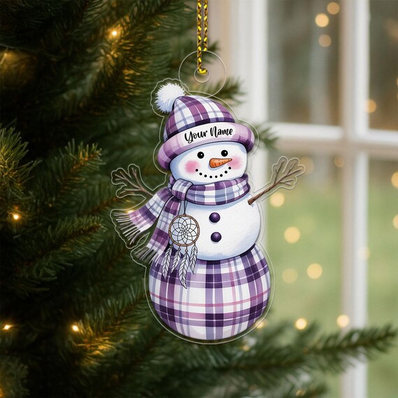 Personalized Snowman Christmas Ornament Purple Plaid Winter Poster