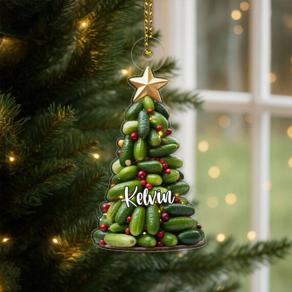 Custom Name Pickle Christmas Tree Ornament With Star Topper Print
