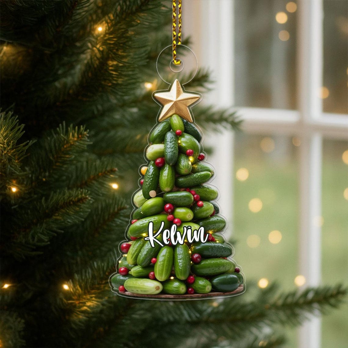Custom Name Pickle Christmas Tree Ornament With Star Topper Print
