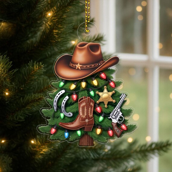 Western Cowboy Christmas Tree Ornament Hat Horseshoe Revolver Holiday Poster