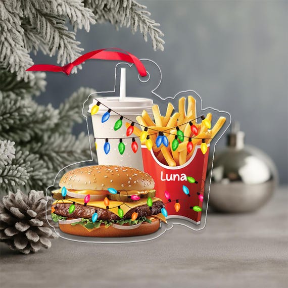 Custom Name Fast Food Combo Holiday Acrylic Ornament Personalized Xmas Tree Decoration Funny Lover Gift