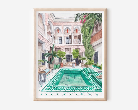 Marrakesh Riad Print Morocco Poster Riad Pool Marrakesh Tile Art Moroccan Wall Art Travel Gift Swimming Pool Art
