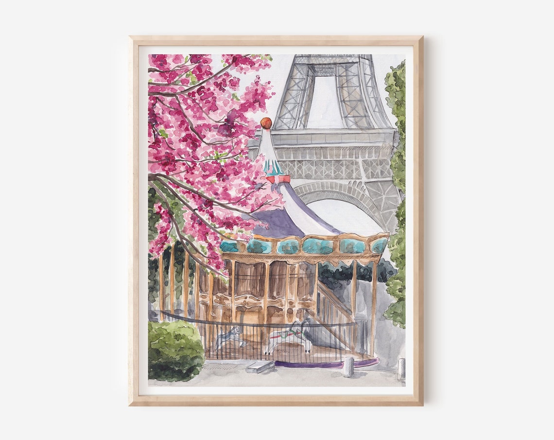 Paris Carousel Cherry Blossom Spring Eiffel Tower Vintage Scene Poster