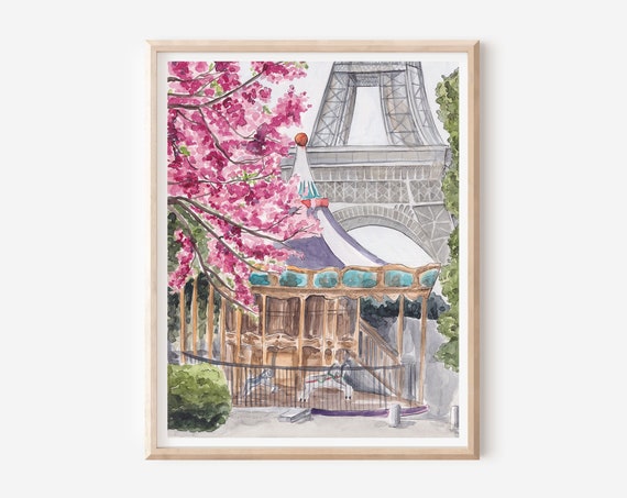 Paris Carousel Print Paris Poster Eiffel Tower Poster Parisian Wall Decor France Travel Art Paris Wall Art Europe Art Print