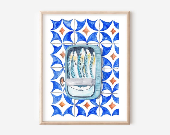 Sardines Portuguese Tile Art, Vintage Kitchen Poster