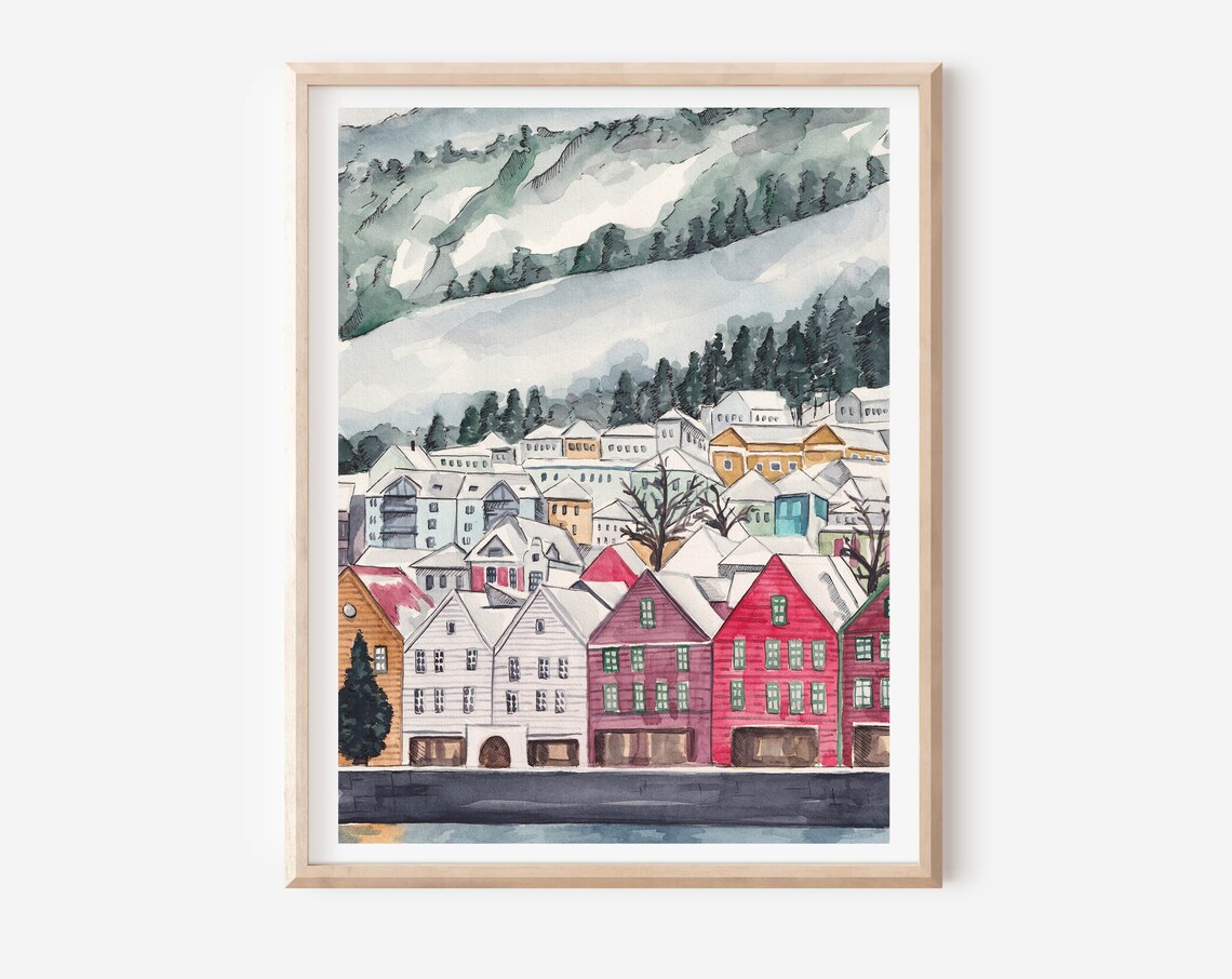 Bergen Norway Bryggen Wharf Colorful Houses Snow Mountains View Poster