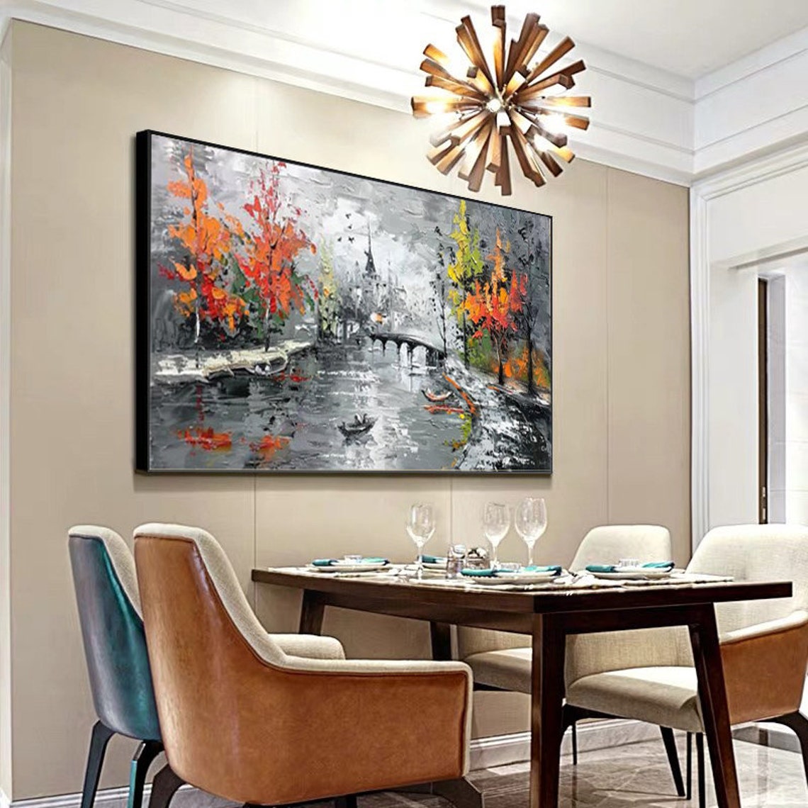 City Bridge Canal With Autumn Trees Black White City Painting Poster - Image 3