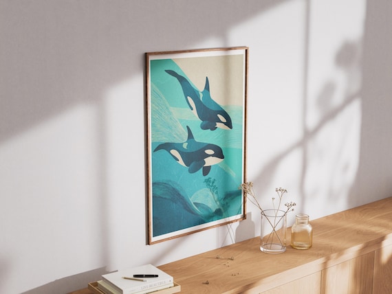 Two Orcas Swimming Teal Ocean Underwater Wildlife Illustration Print