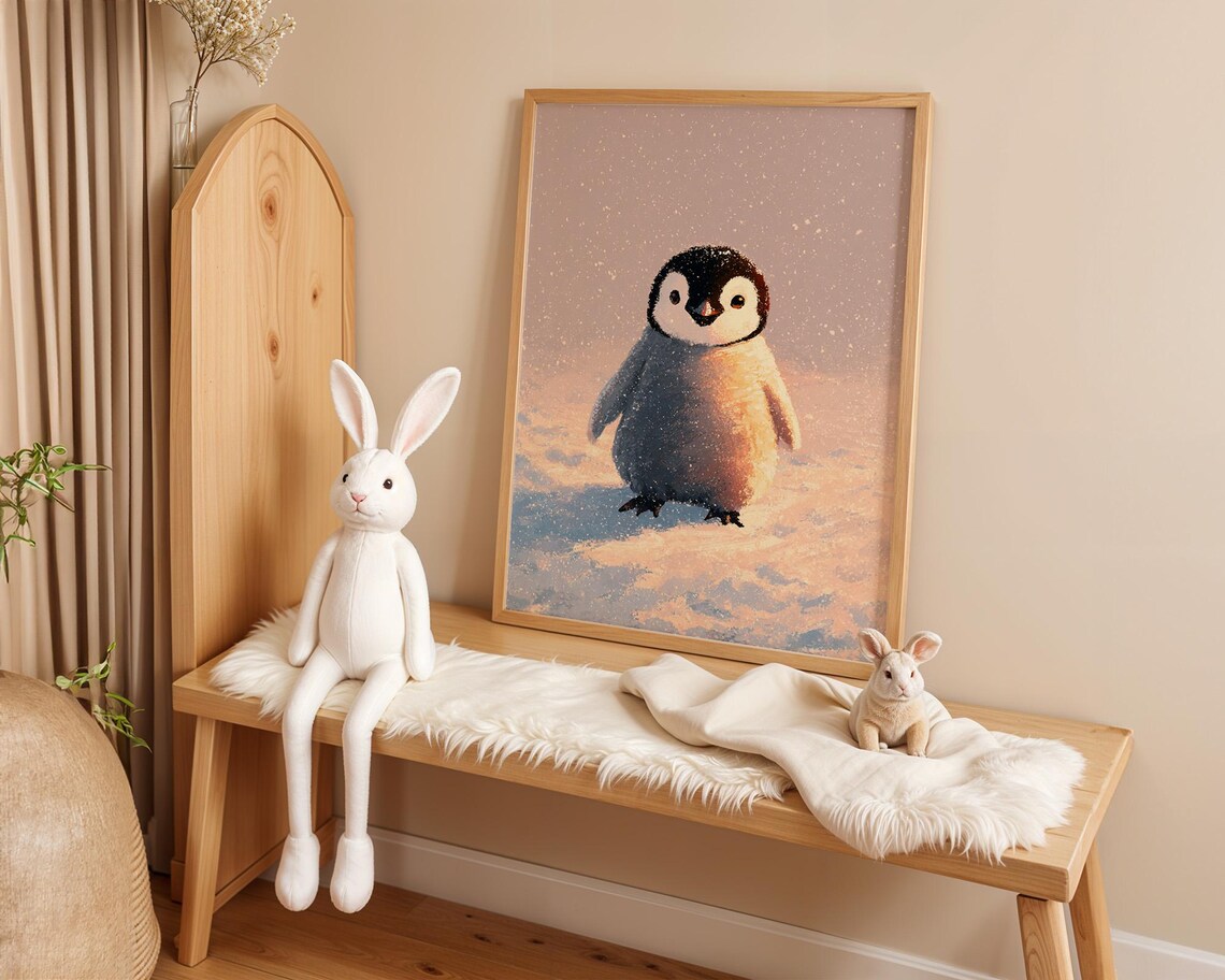 Cute Adorable Baby Penguin in Snowfall Nursery Animal Wall Art