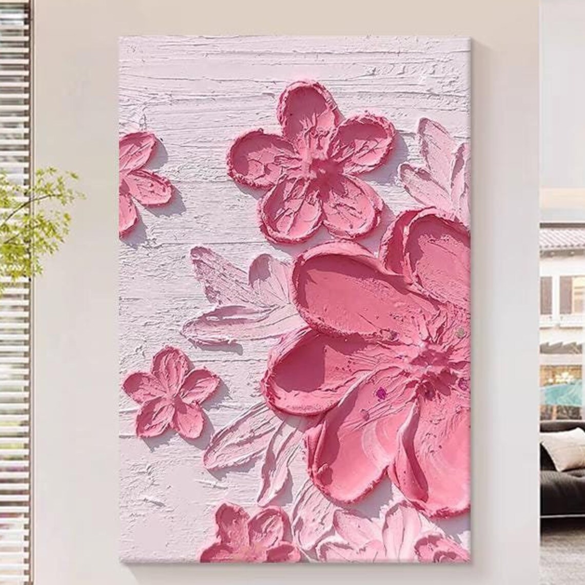 Pink 3D Textured Flowers on Blush Background Floral Art Poster