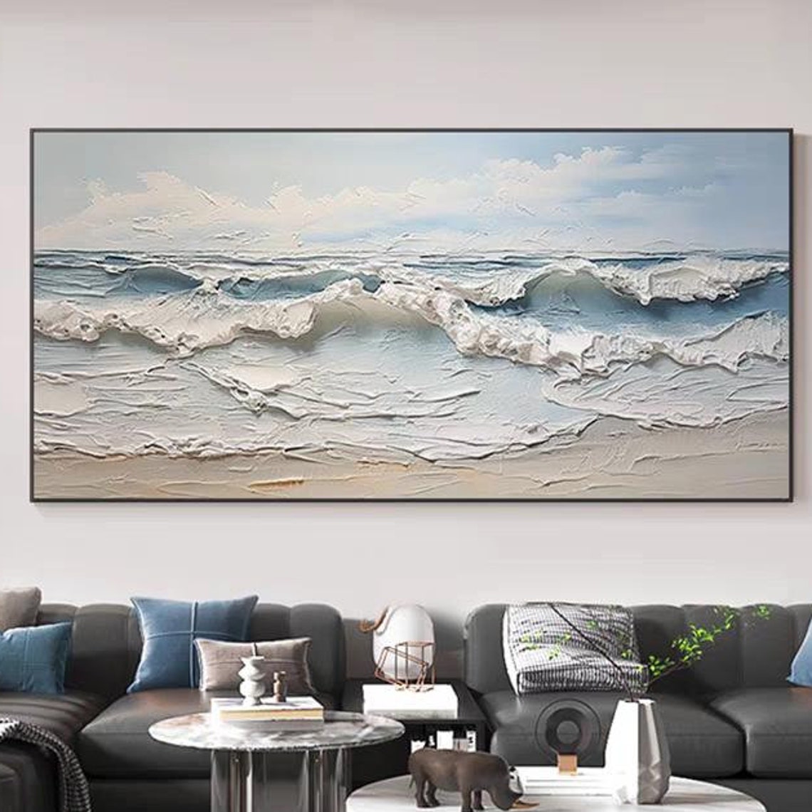 White Blue Ocean Waves Foam Textured Coastal Beach Scene Poster